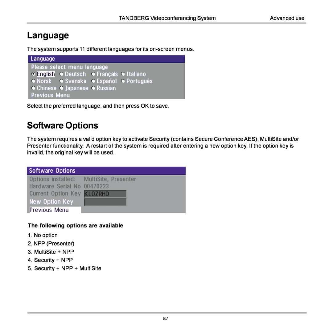 TANDBERG 990, 880, 770 user manual Language, Software Options 