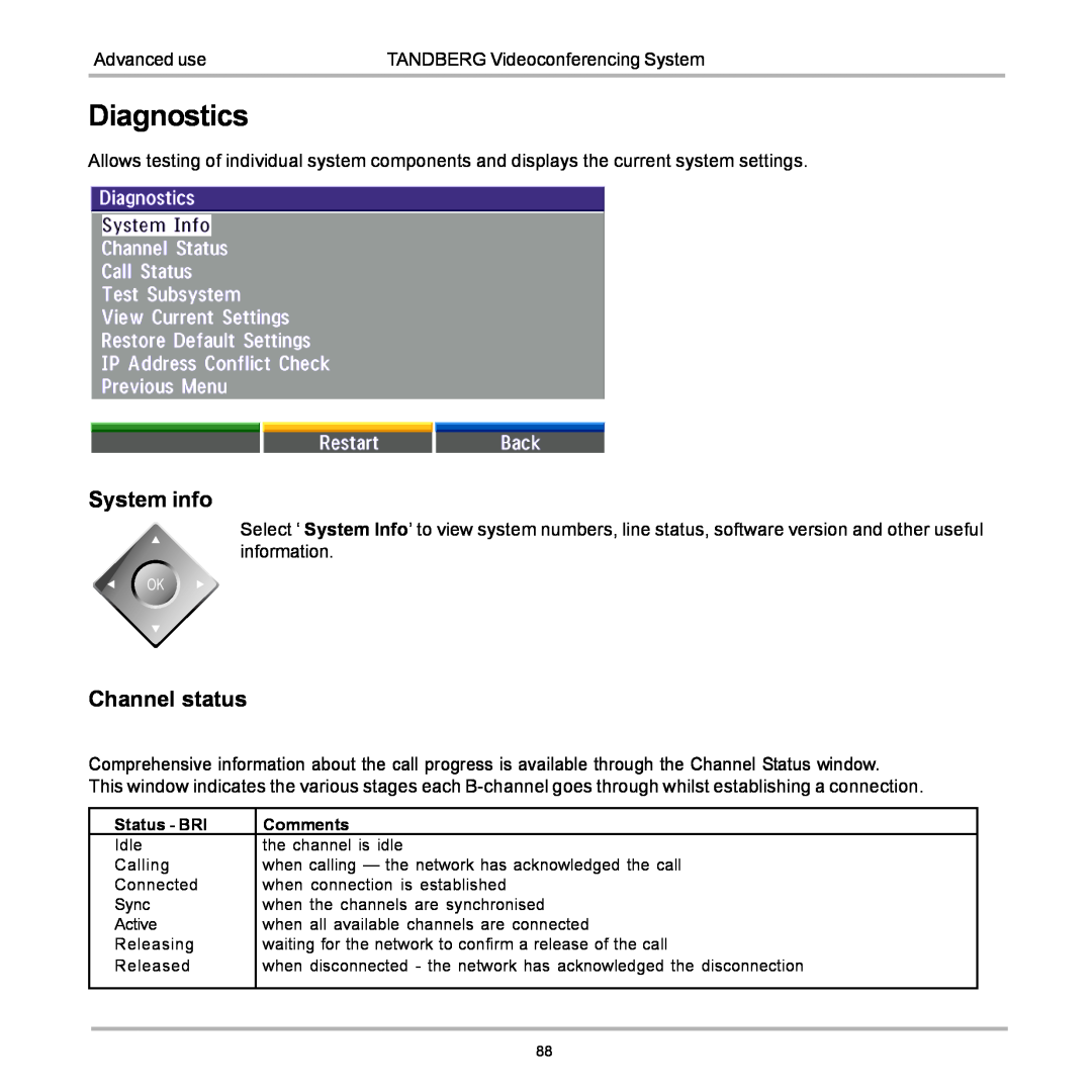 TANDBERG 880, 990, 770 user manual Diagnostics, System info, Channel status 
