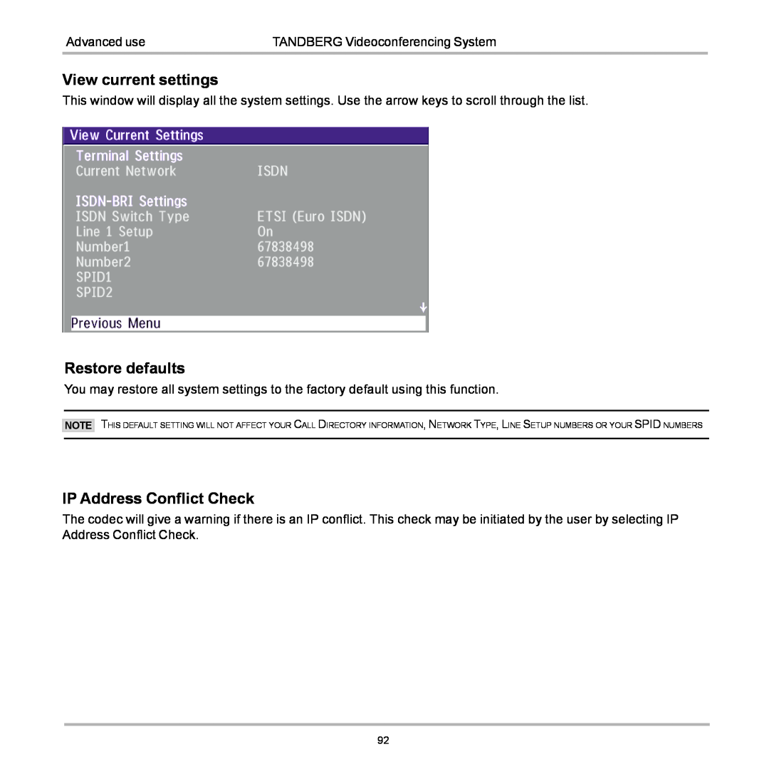 TANDBERG 770, 990, 880 user manual View current settings, Restore defaults, IP Address Conflict Check 