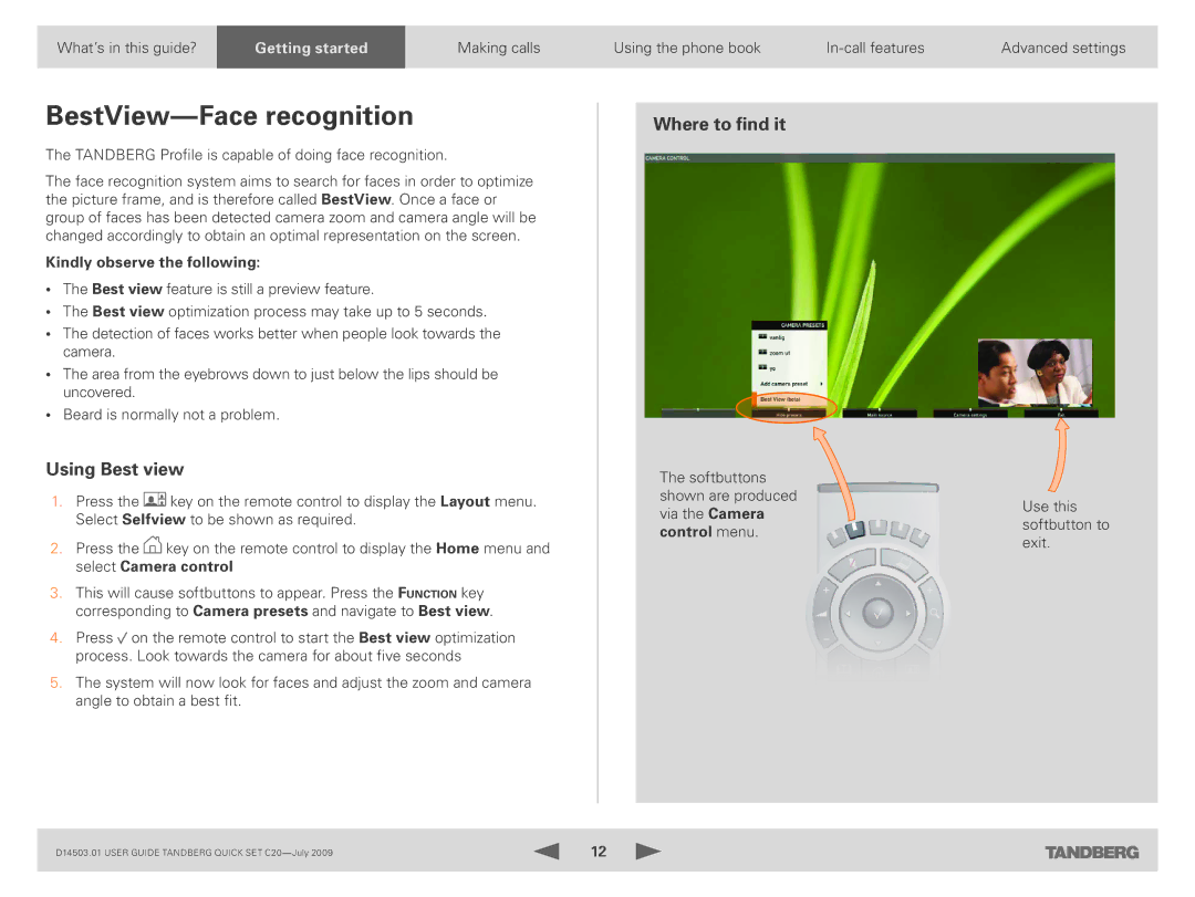 TANDBERG C20 PLUS manual BestView-Face recognition, Using Best view, Kindly observe the following, Control menu 