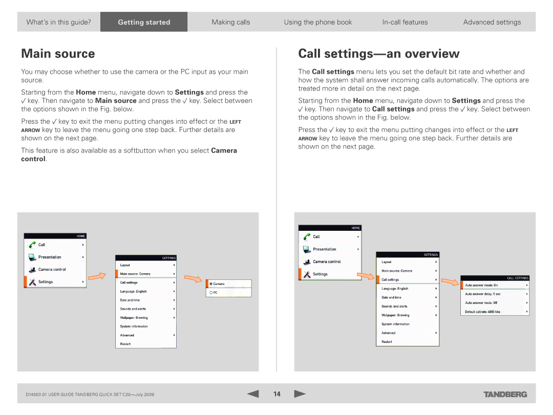 TANDBERG C20 PLUS manual Main source, Call settings-an overview 