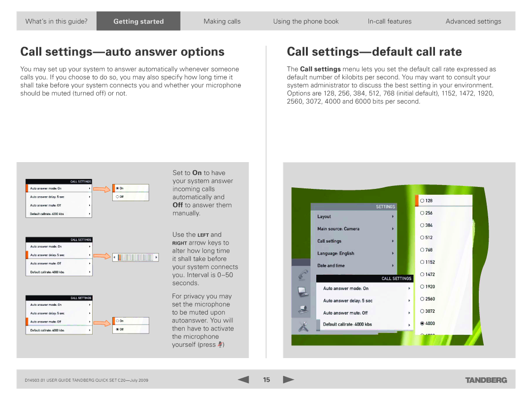 TANDBERG C20 PLUS manual Call settings-auto answer options, Call settings-default call rate 