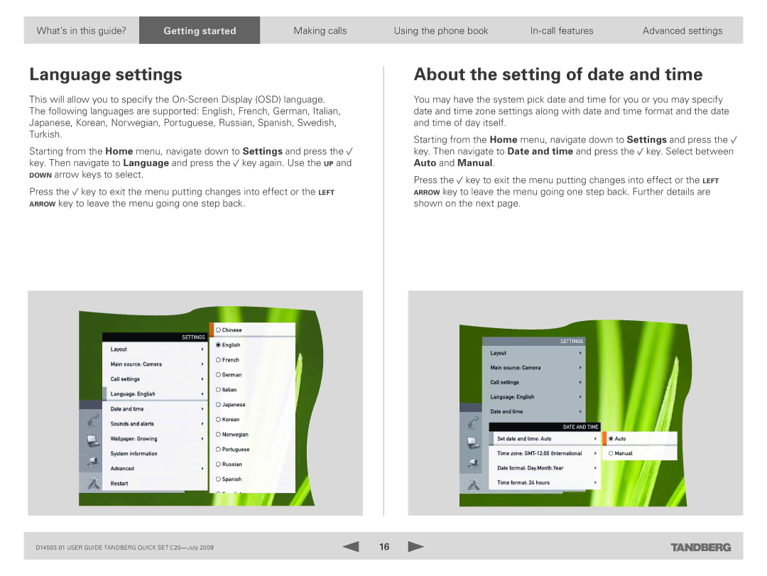 TANDBERG C20 PLUS manual Language settings, About the setting of date and time 