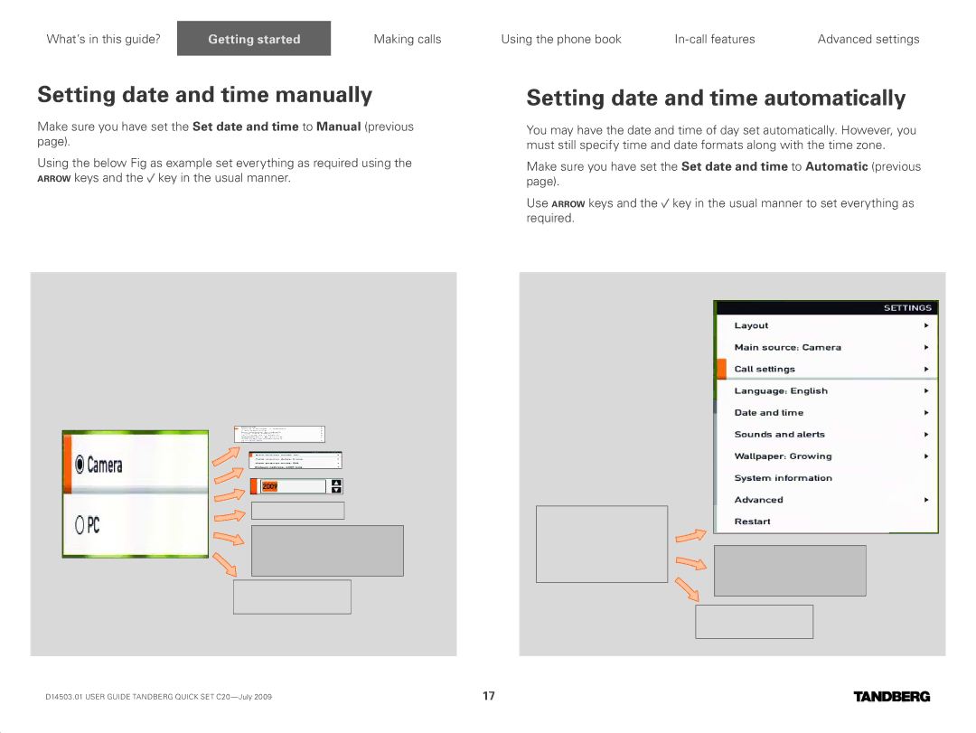 TANDBERG C20 PLUS Setting date and time manually, Setting date and time automatically 