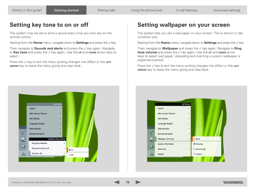 TANDBERG C20 PLUS manual Setting key tone to on or off, Setting wallpaper on your screen 