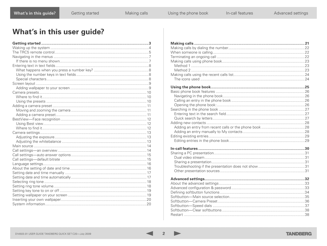 TANDBERG C20 PLUS manual What’s in this user guide?, Getting started 