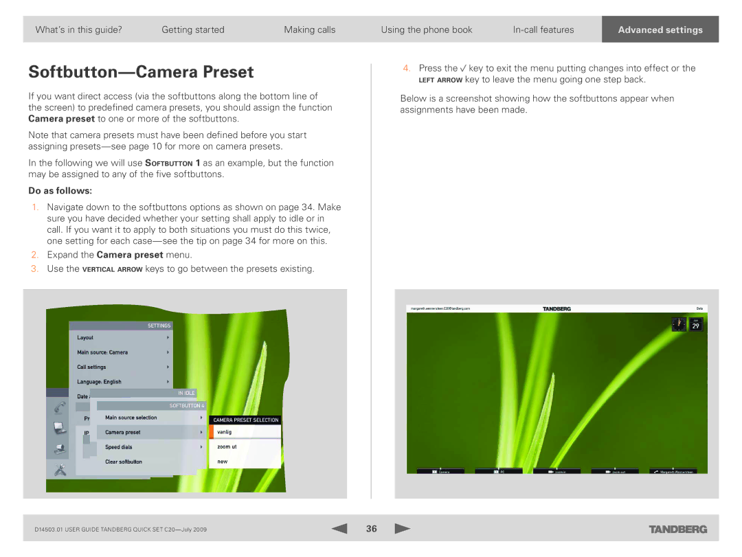 TANDBERG C20 PLUS manual Softbutton-Camera Preset 