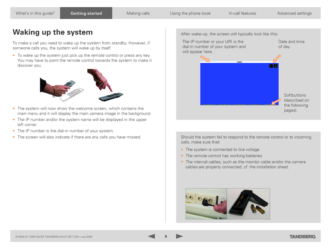 TANDBERG C20 PLUS manual Waking up the system, What’s in this guide?, Making calls 