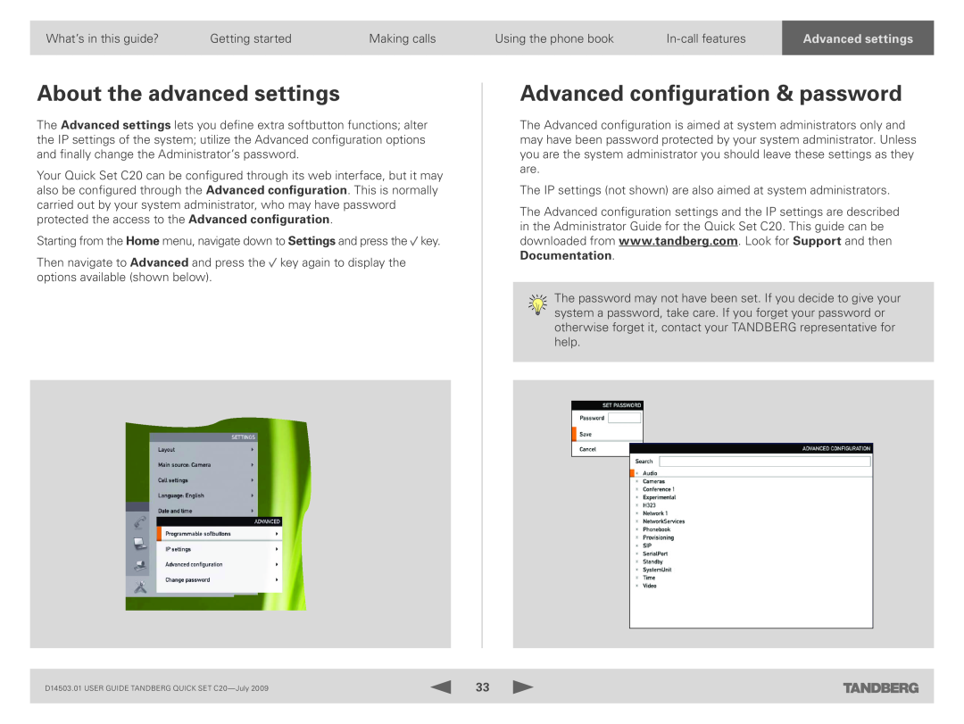TANDBERG C20 PLUS manual About the advanced settings, Advanced configuration & password, settingstings 
