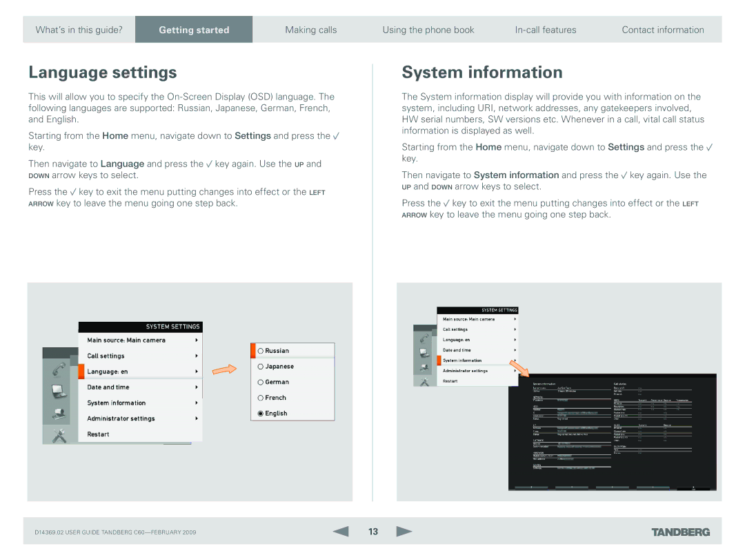 TANDBERG C60 manual Language settings, System information 