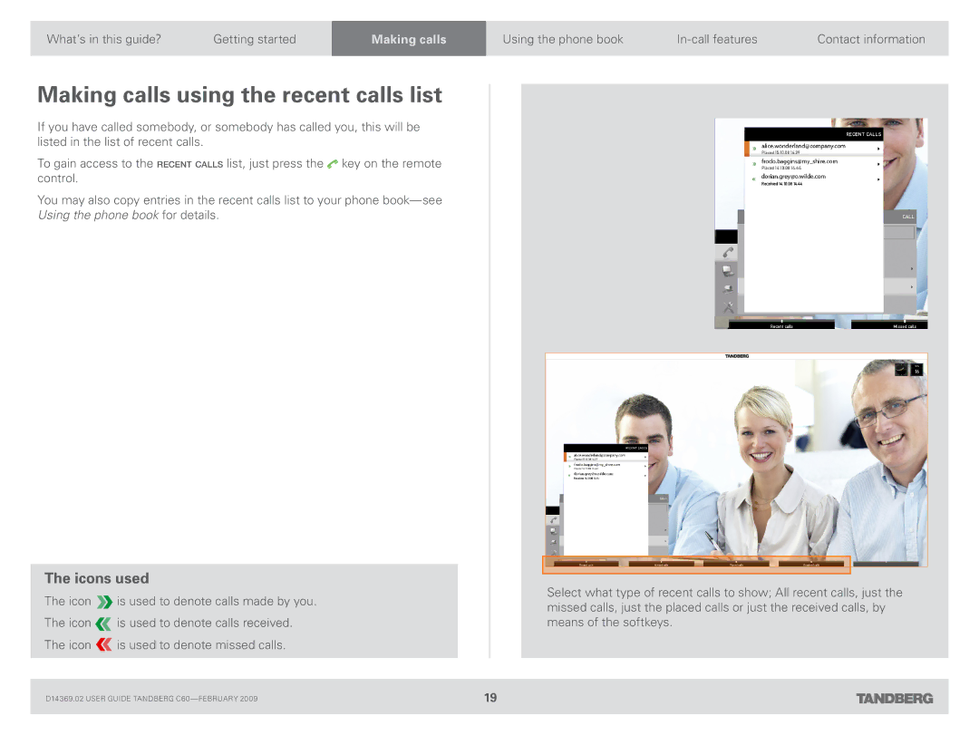 TANDBERG C60 manual Making calls using the recent calls list, Icons used 