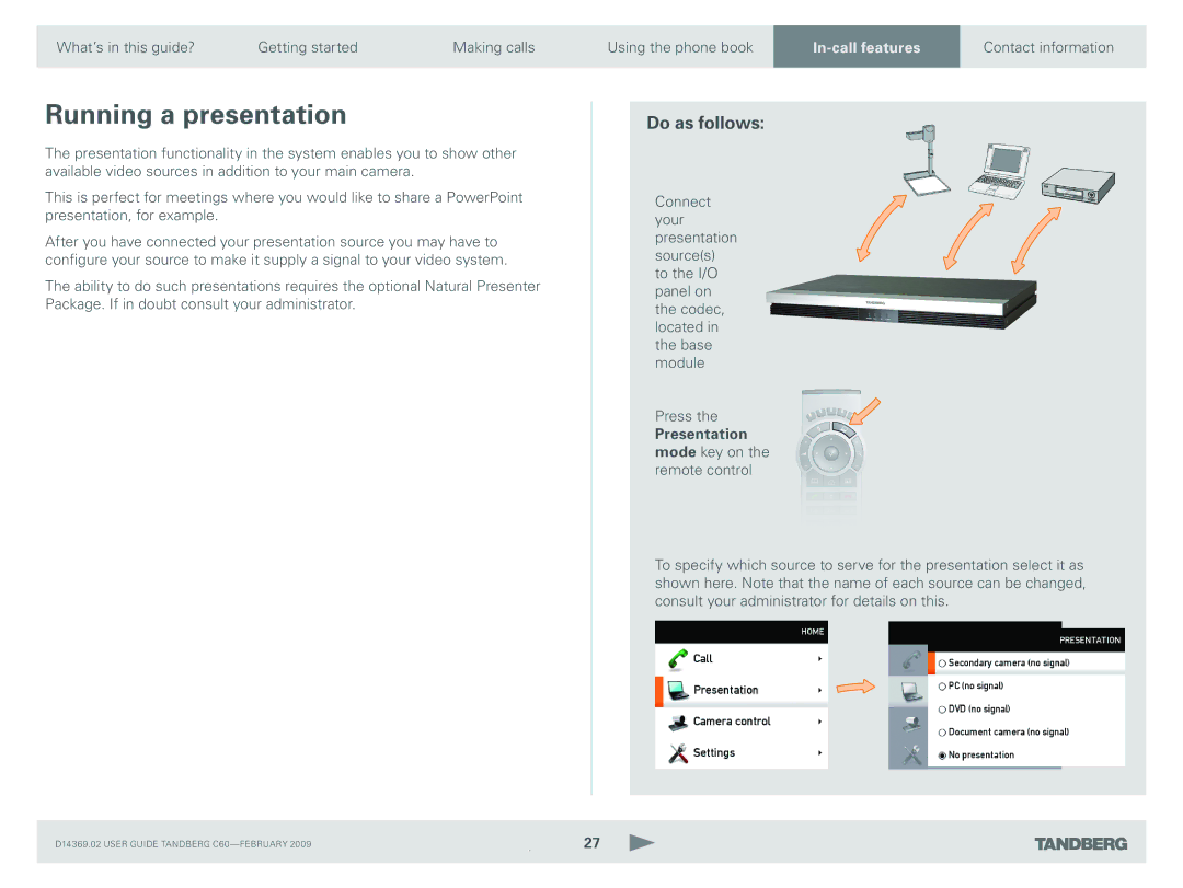 TANDBERG C60 manual Running a presentation, Do as follows 