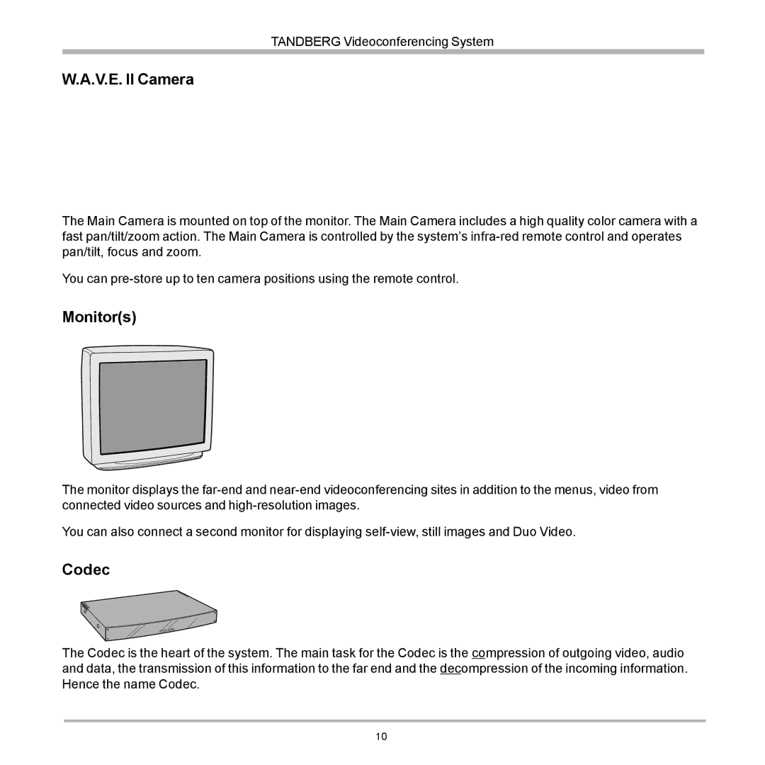 TANDBERG D12155-10 user manual V.E. II Camera, Monitors, Codec 