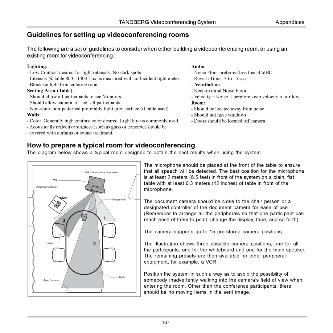 TANDBERG D12155-10 Guidelines for setting up videoconferencing rooms, How to prepare a typical room for videoconferencing 