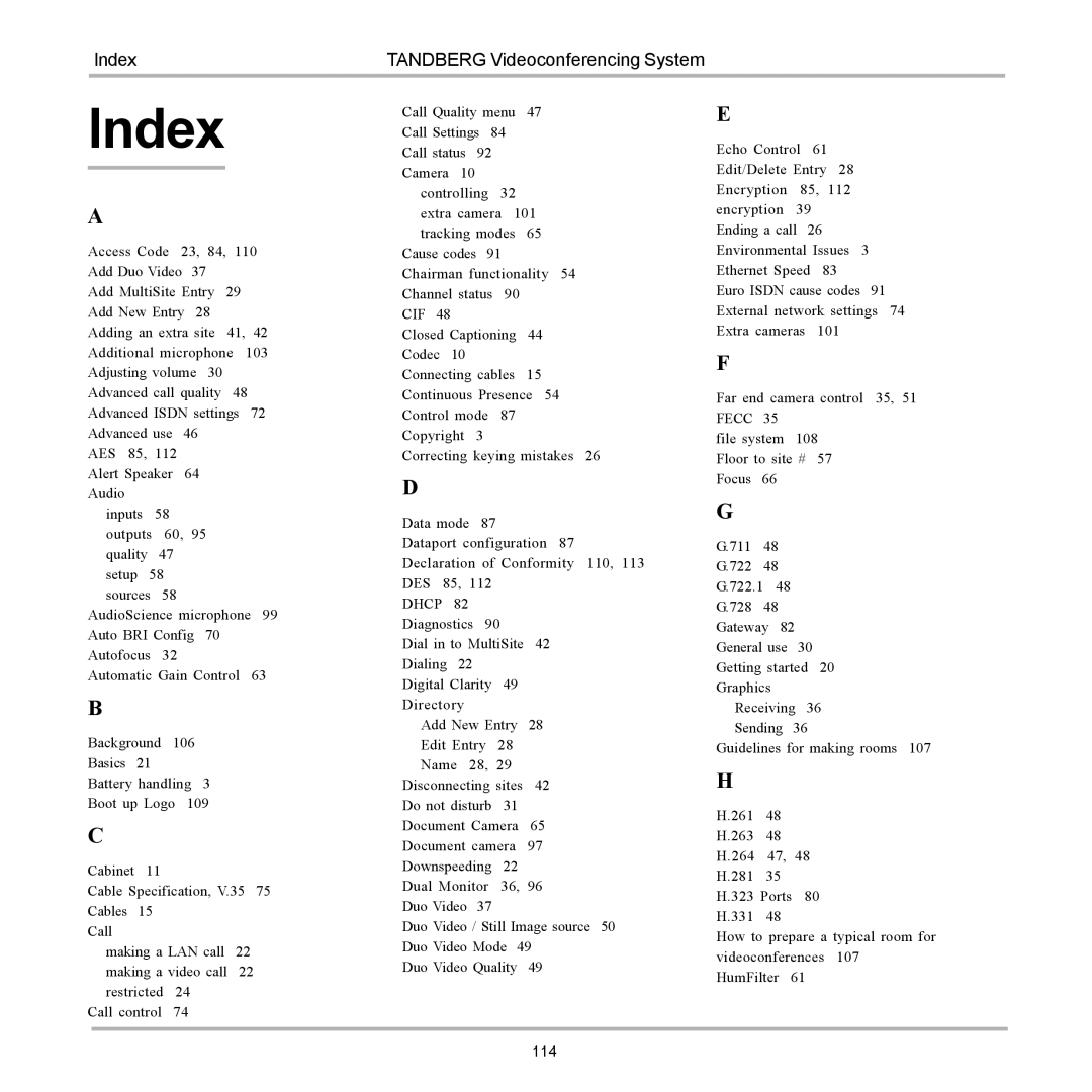 TANDBERG D12155-10 user manual Index, Fecc 