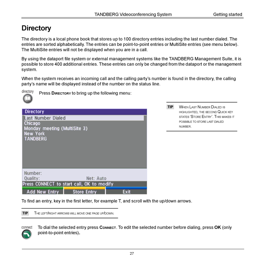 TANDBERG D12155-10 user manual Directory, Press D Irectory to bring up the following menu 