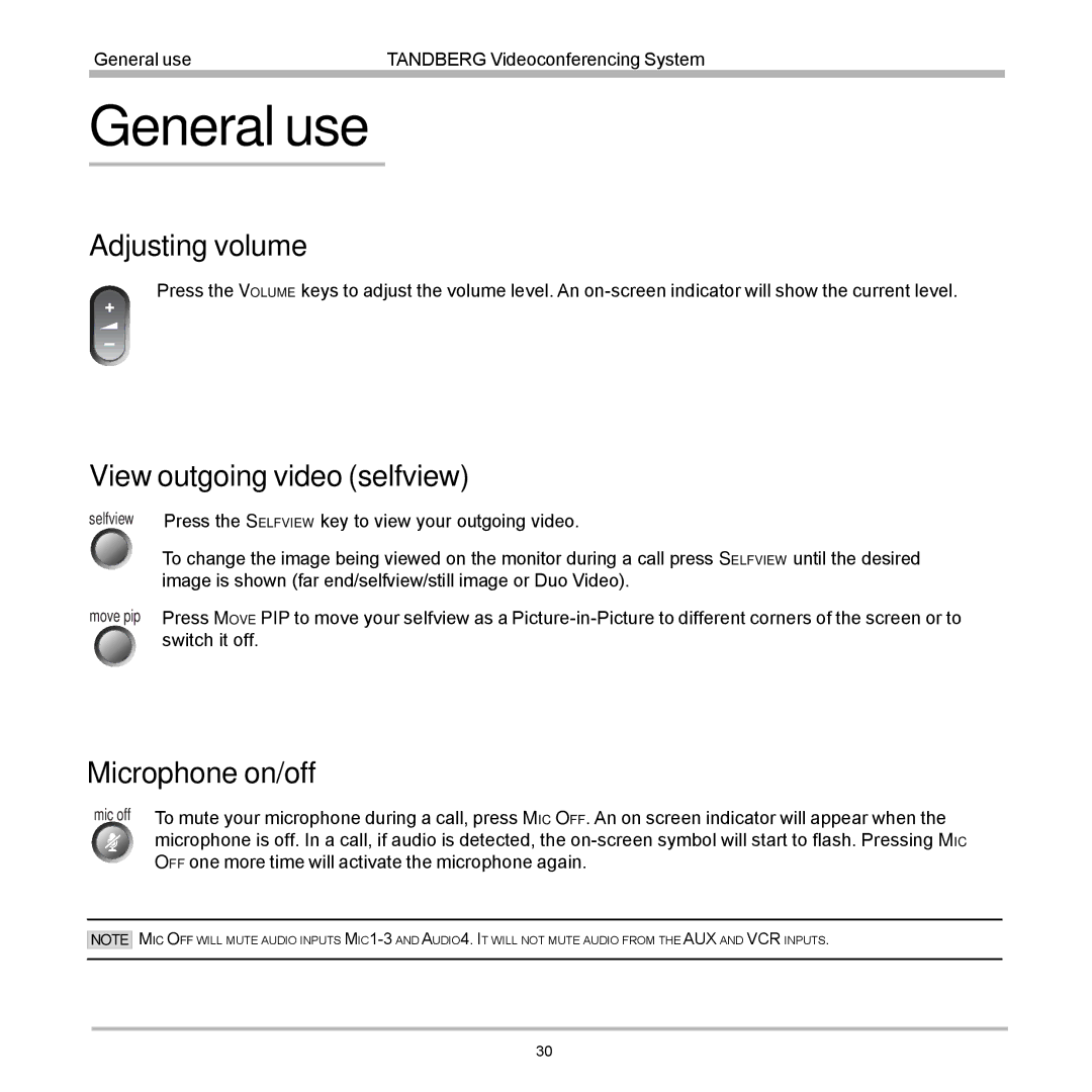 TANDBERG D12155-10 user manual General use, Adjusting volume, View outgoing video selfview, Microphone on/off 