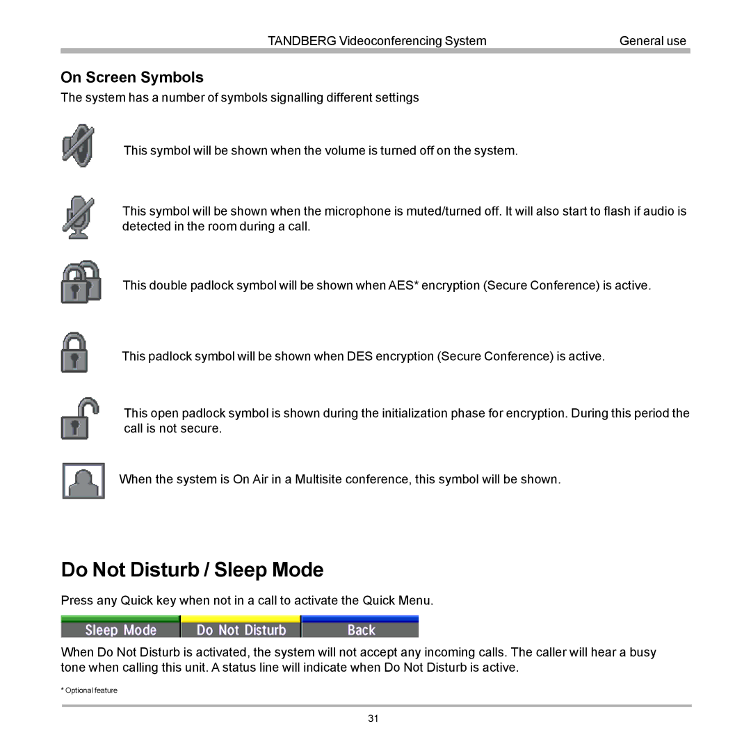 TANDBERG D12155-10 user manual Do Not Disturb / Sleep Mode, On Screen Symbols 