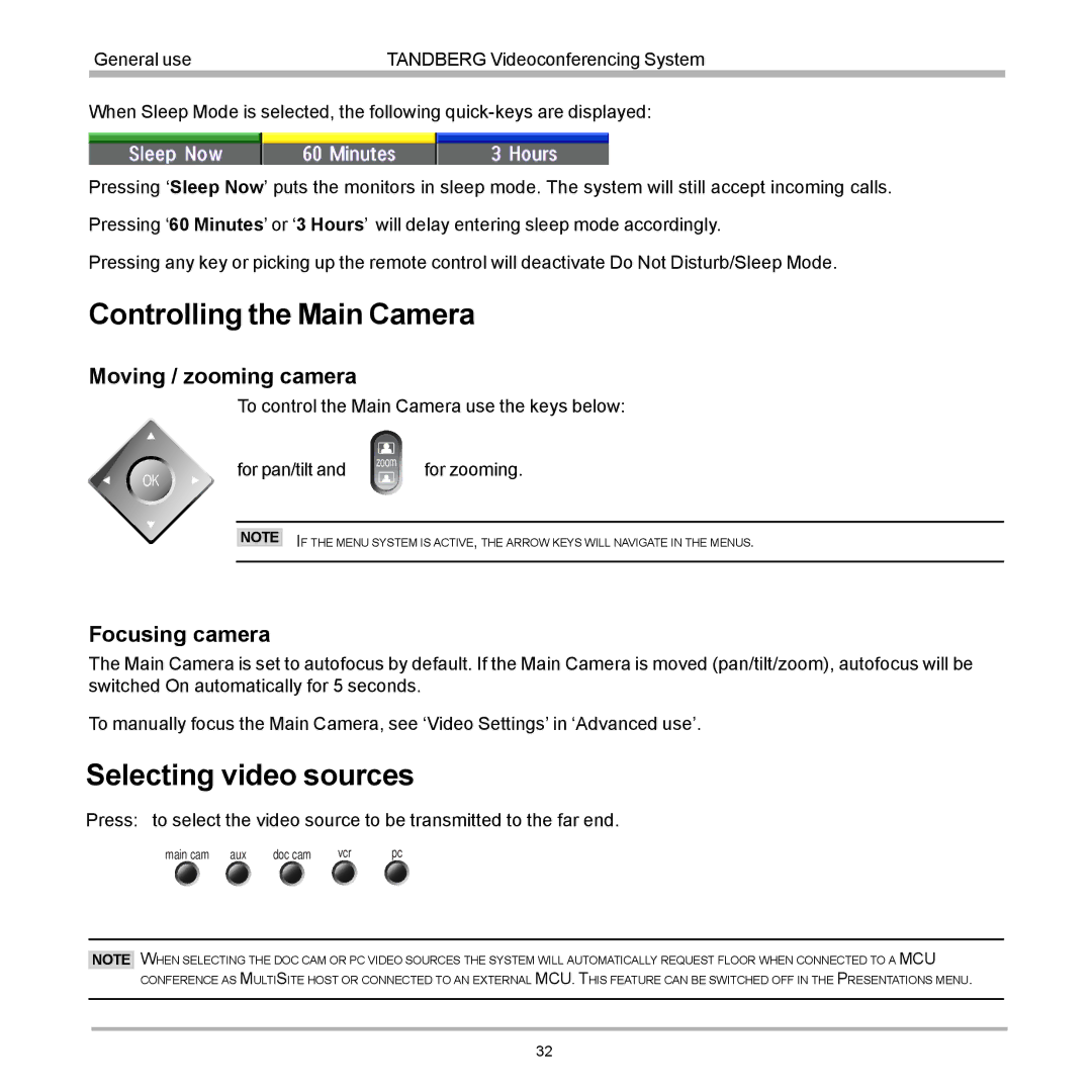 TANDBERG D12155-10 Controlling the Main Camera, Selecting video sources, Moving / zooming camera, Focusing camera 