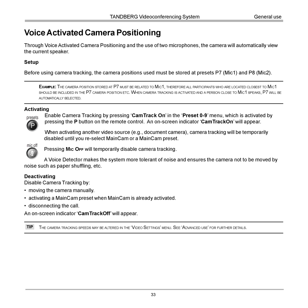 TANDBERG D12155-10 user manual Voice Activated Camera Positioning 