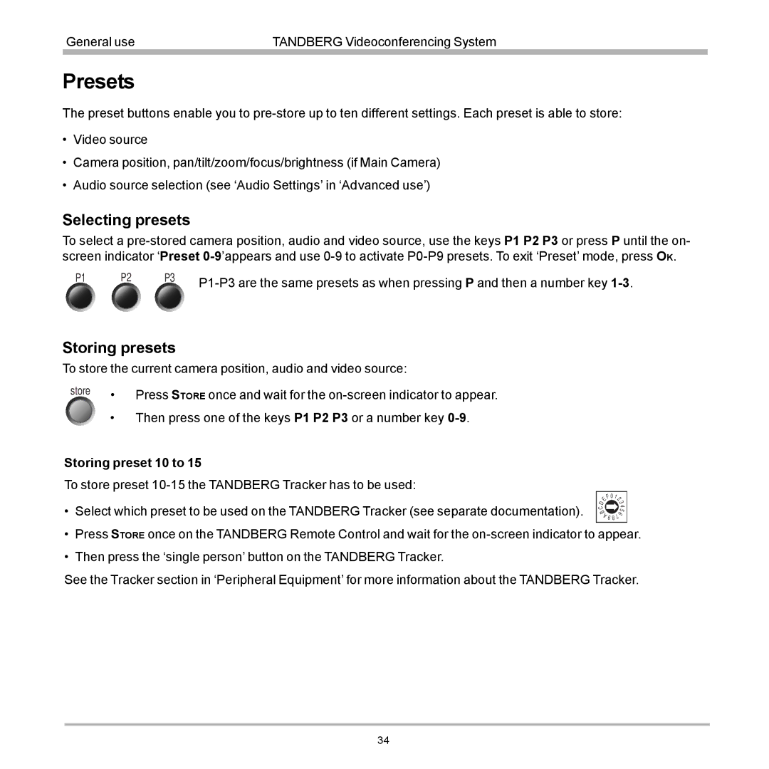 TANDBERG D12155-10 user manual Presets, Selecting presets, Storing presets 