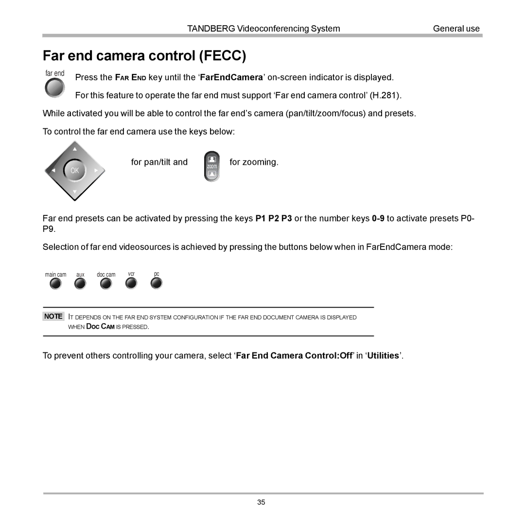 TANDBERG D12155-10 user manual Far end camera control Fecc 