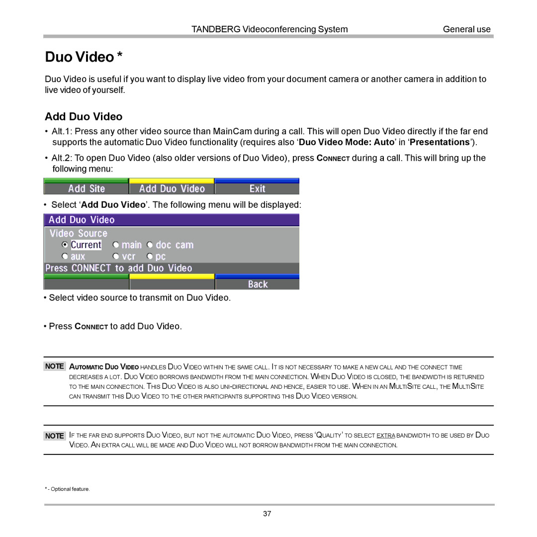 TANDBERG D12155-10 user manual Add Duo Video 