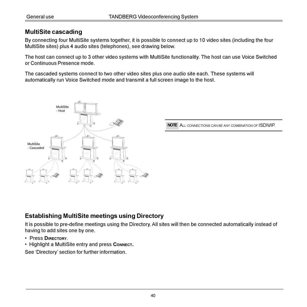 TANDBERG D12155-10 user manual MultiSite cascading, Establishing MultiSite meetings using Directory 