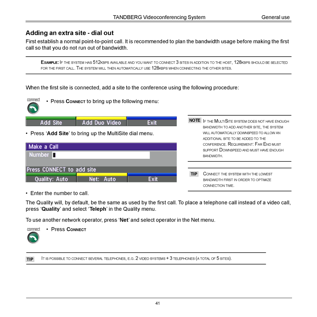 TANDBERG D12155-10 user manual Adding an extra site dial out 