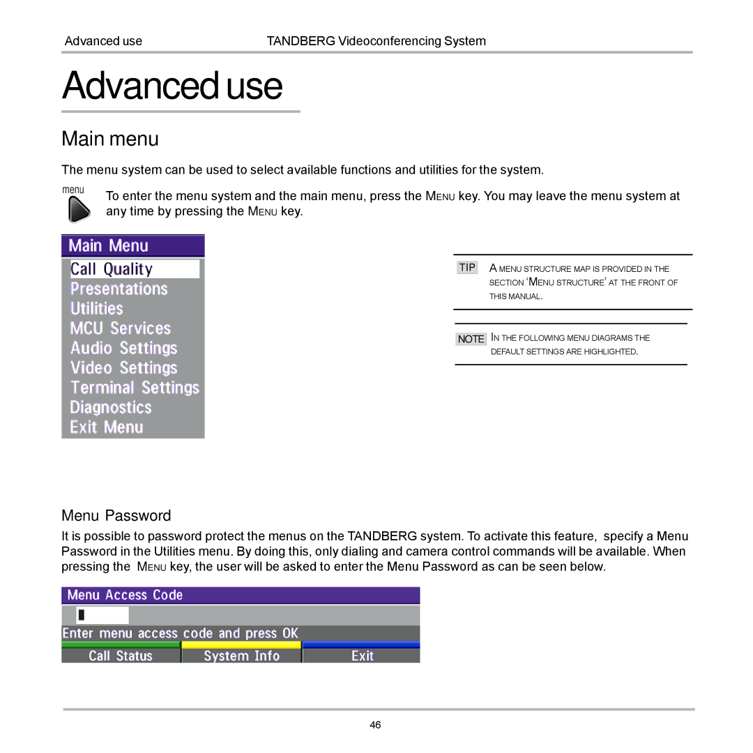 TANDBERG D12155-10 user manual Advanced use, Main menu, Menu Password 