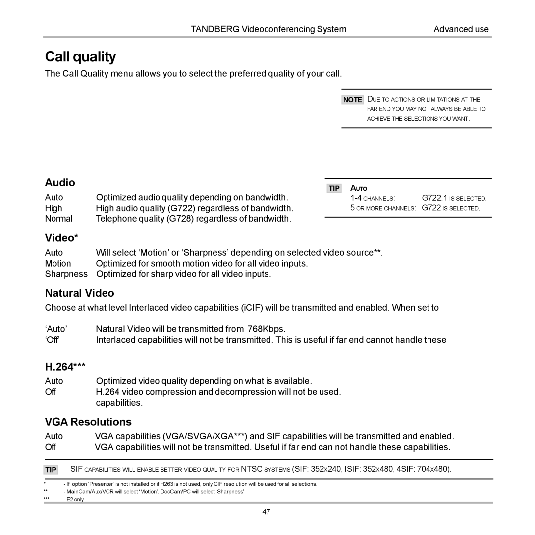 TANDBERG D12155-10 user manual Call quality 