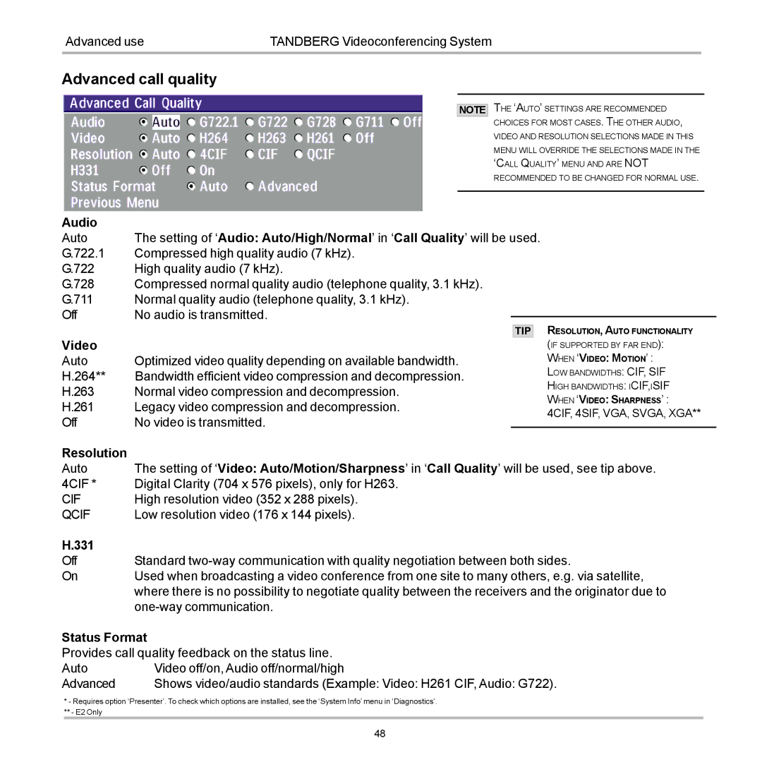 TANDBERG D12155-10 user manual Advanced call quality, Qcif 