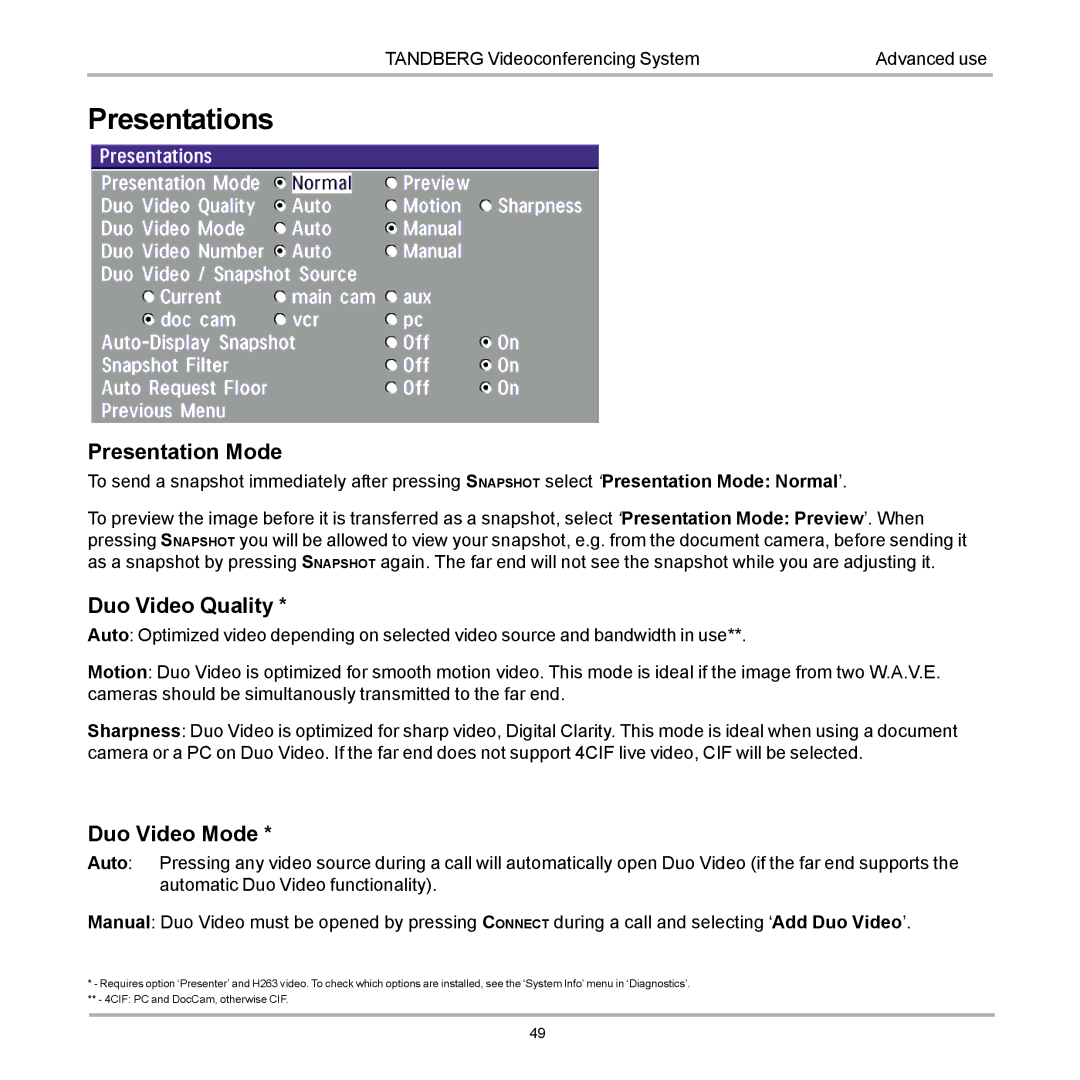 TANDBERG D12155-10 user manual Presentations, Presentation Mode, Duo Video Quality, Duo Video Mode 