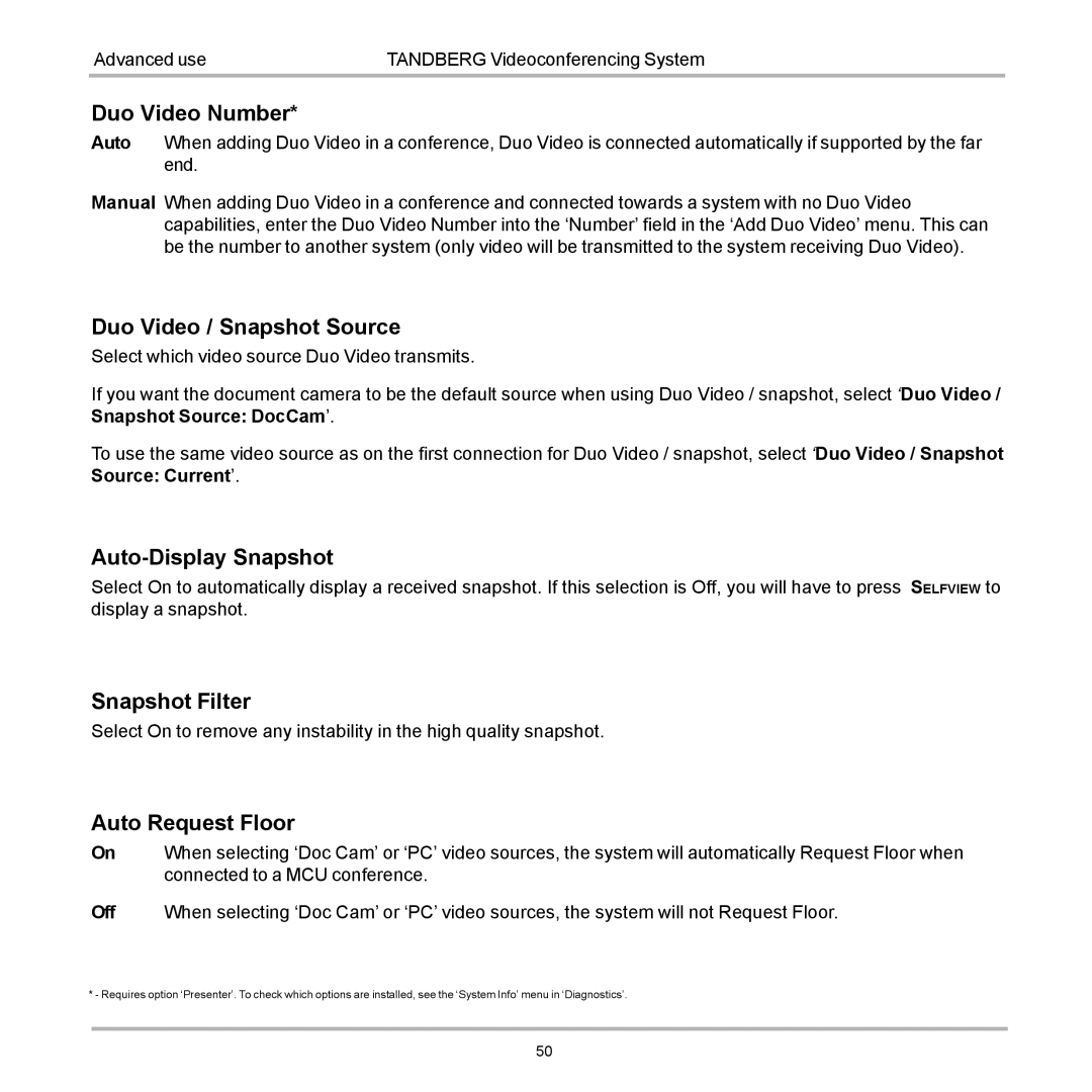 TANDBERG D12155-10 user manual Duo Video Number, Duo Video / Snapshot Source, Auto-Display Snapshot, Snapshot Filter 