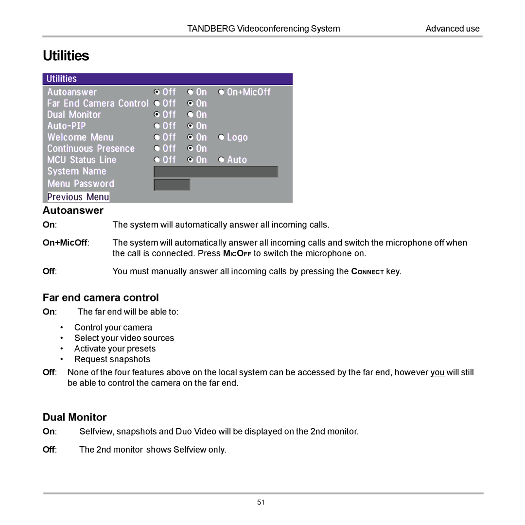 TANDBERG D12155-10 user manual Utilities, Autoanswer, Far end camera control, Dual Monitor 