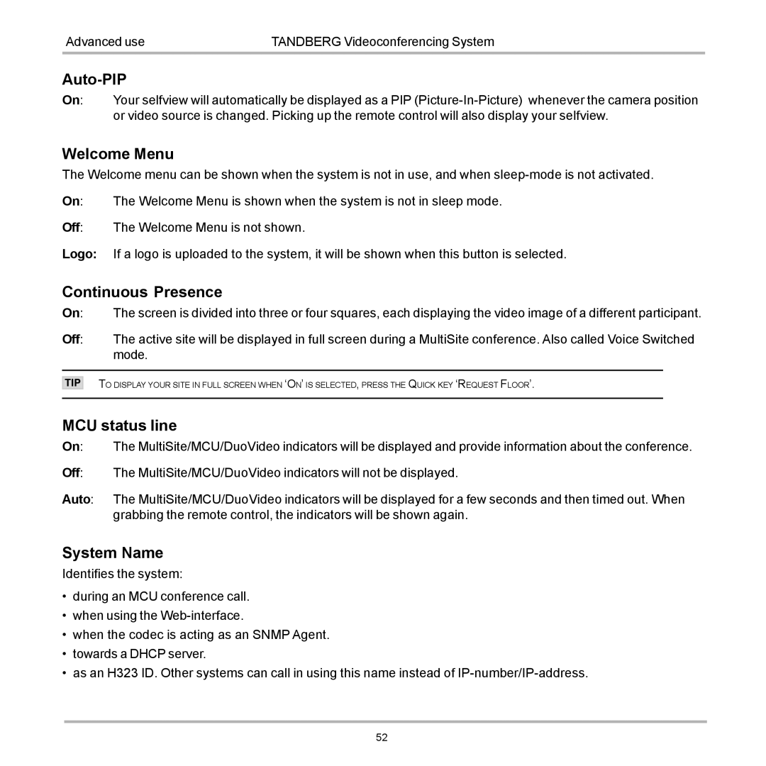 TANDBERG D12155-10 user manual Auto-PIP, Welcome Menu, Continuous Presence, MCU status line, System Name 