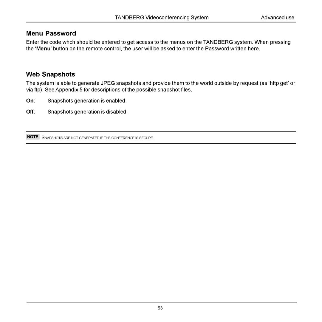 TANDBERG D12155-10 user manual Menu Password, Web Snapshots 