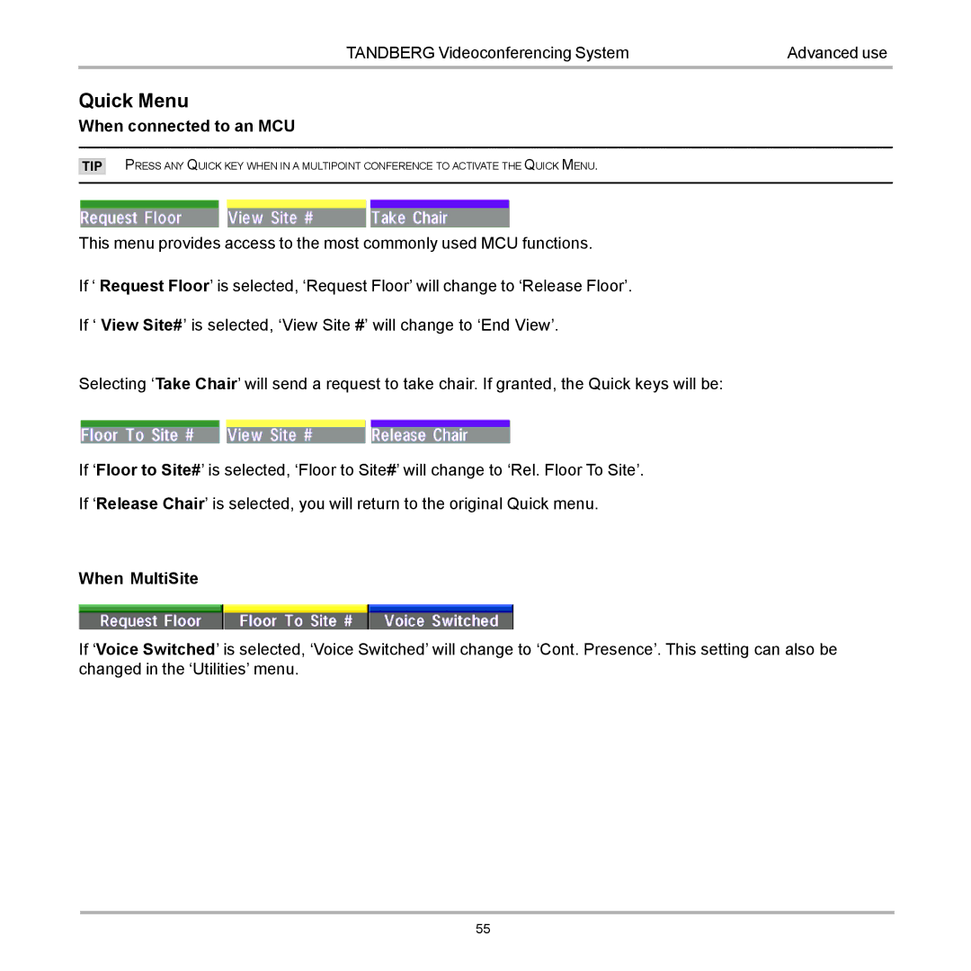 TANDBERG D12155-10 user manual Quick Menu 