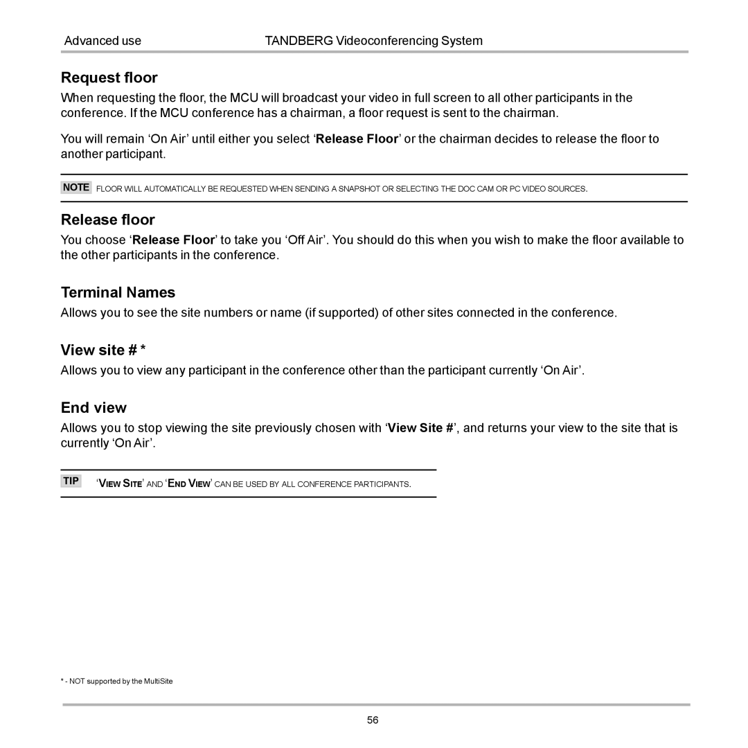 TANDBERG D12155-10 user manual Request floor, Release floor, Terminal Names, View site #, End view 