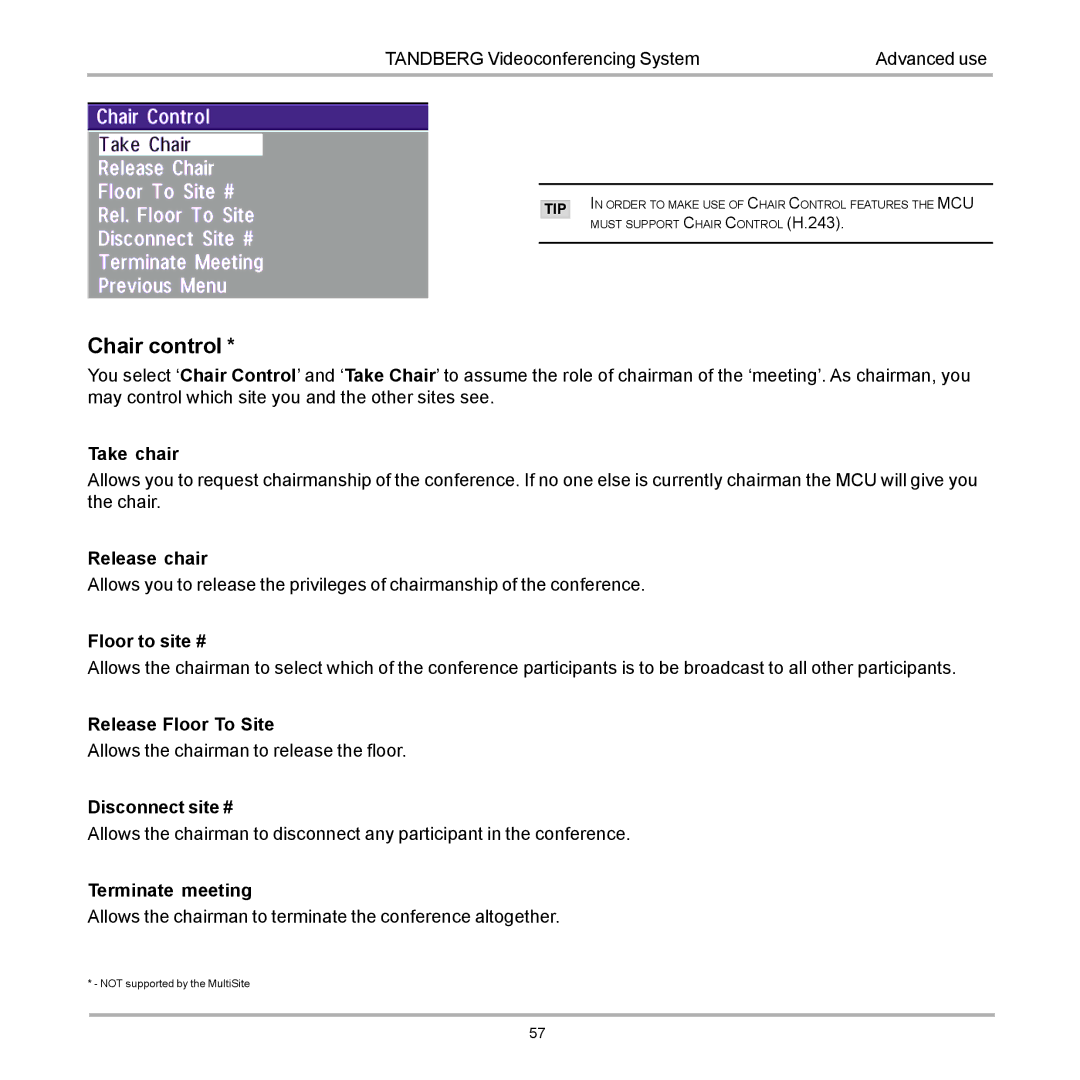 TANDBERG D12155-10 user manual Chair control 