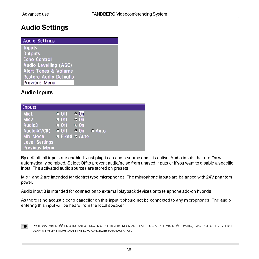 TANDBERG D12155-10 user manual Audio Settings, Audio Inputs 