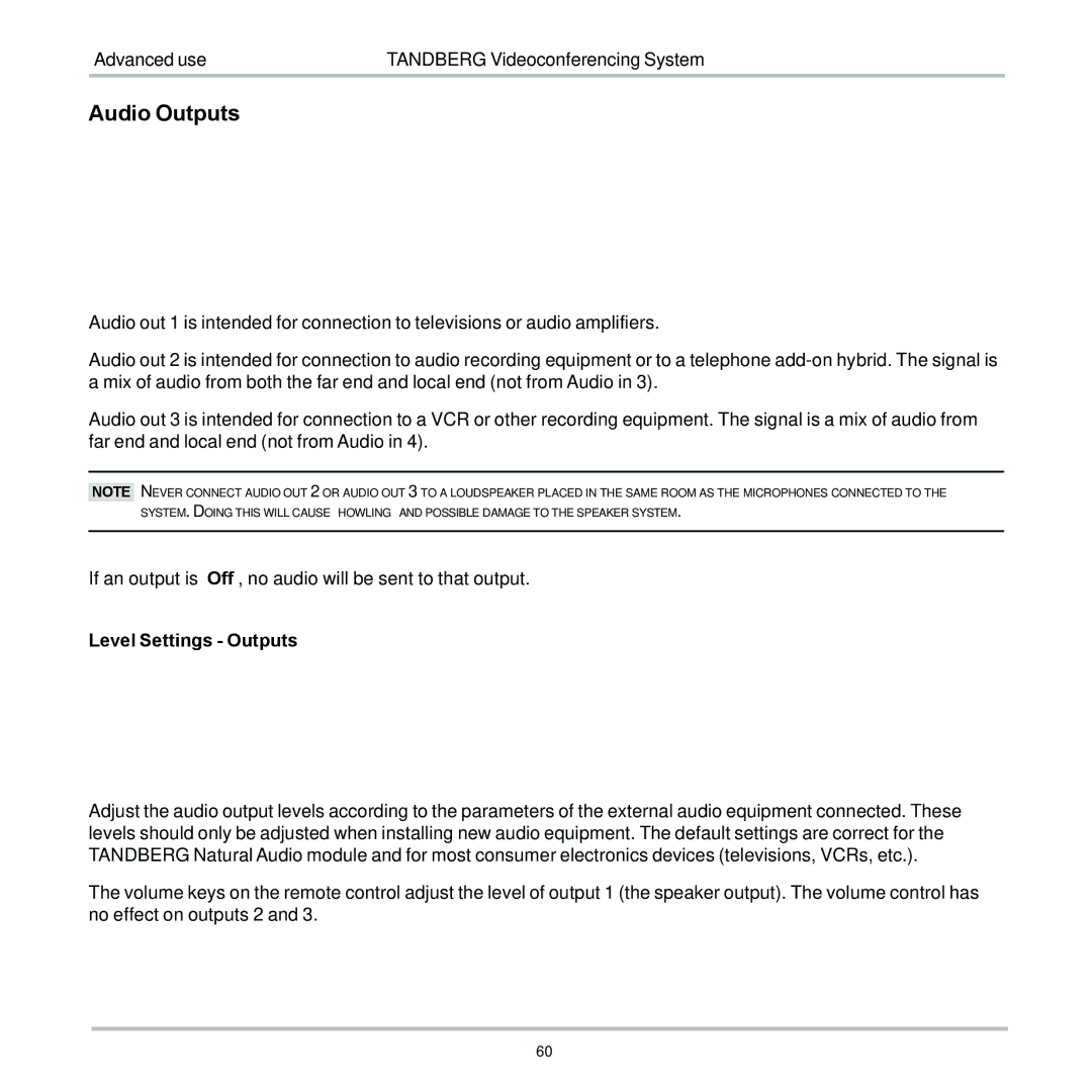 TANDBERG D12155-10 user manual Audio Outputs, Level Settings Out1 +13.5dB Out2AUX Out3VCR Previous Menu 