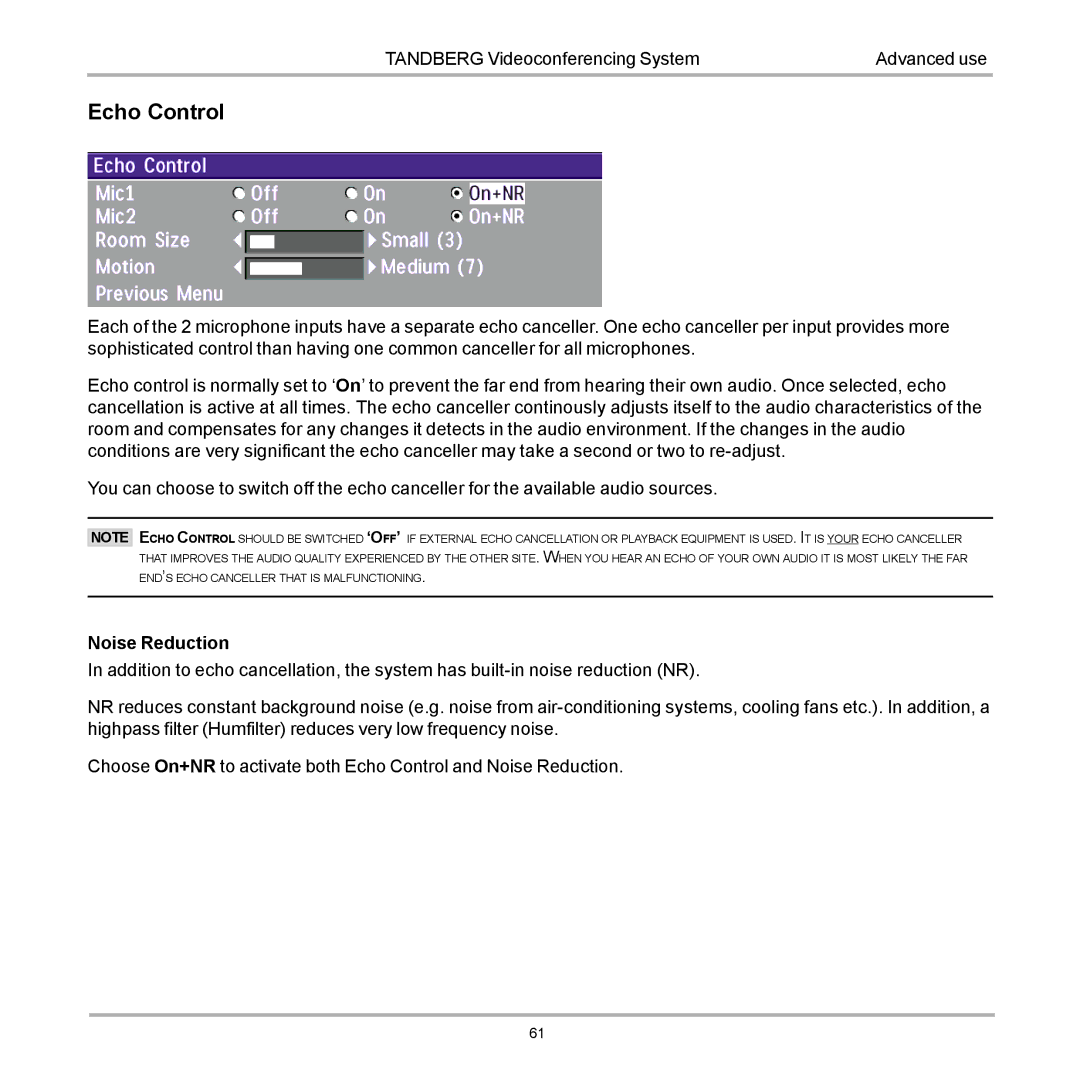 TANDBERG D12155-10 user manual Echo Control 