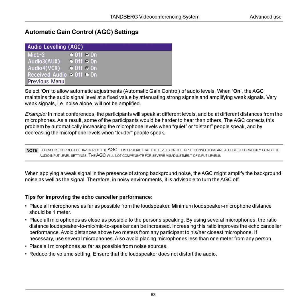 TANDBERG D12155-10 user manual Automatic Gain Control AGC Settings 