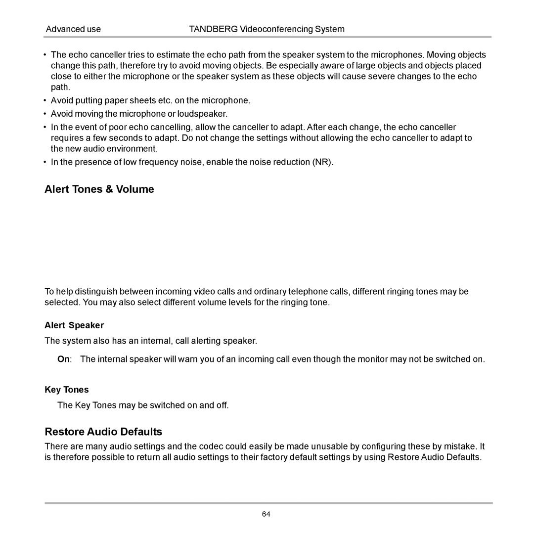 TANDBERG D12155-10 user manual Alert Tones & Volume, Restore Audio Defaults 