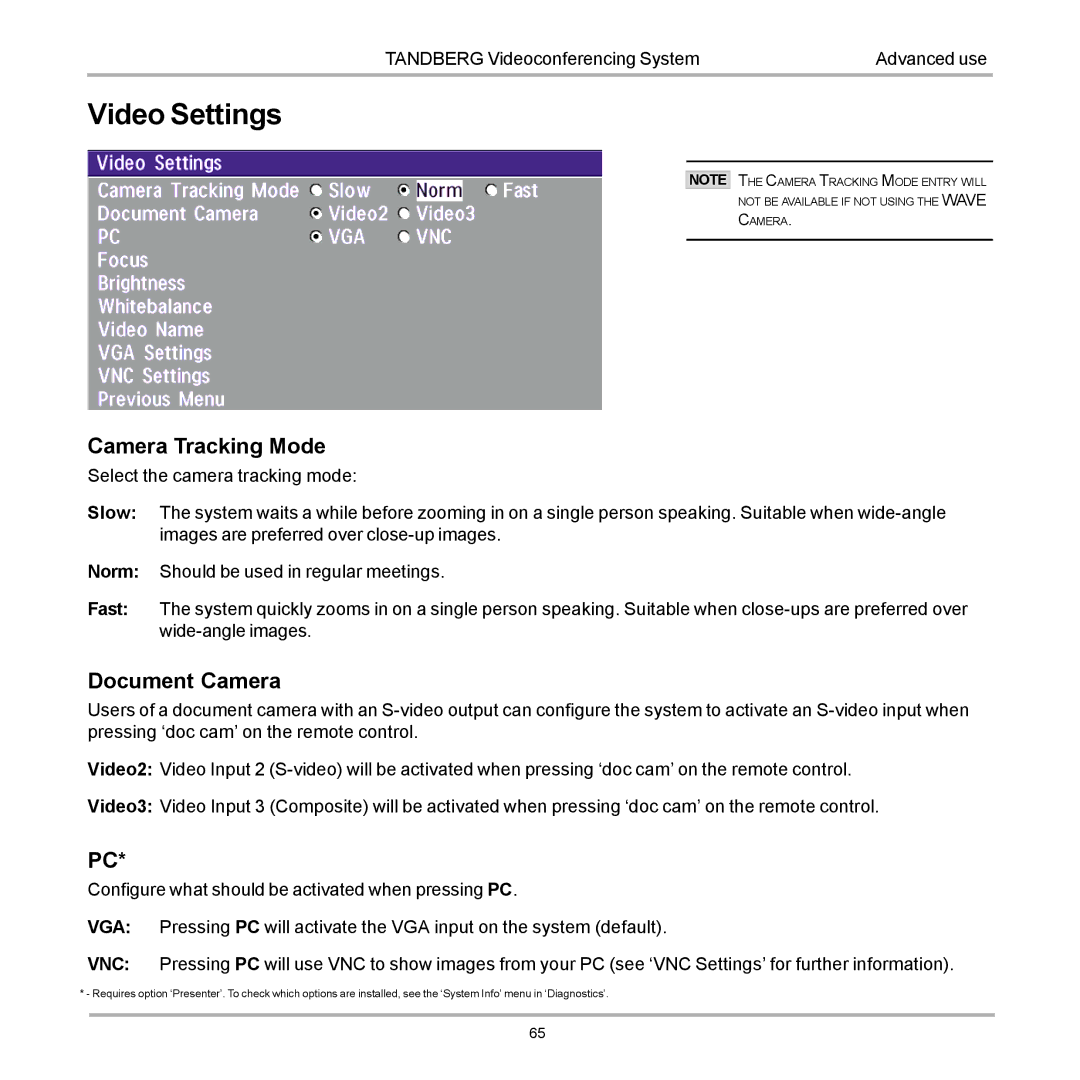 TANDBERG D12155-10 user manual Video Settings, Camera Tracking Mode, Document Camera 