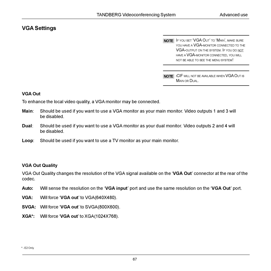 TANDBERG D12155-10 user manual VGA Settings 