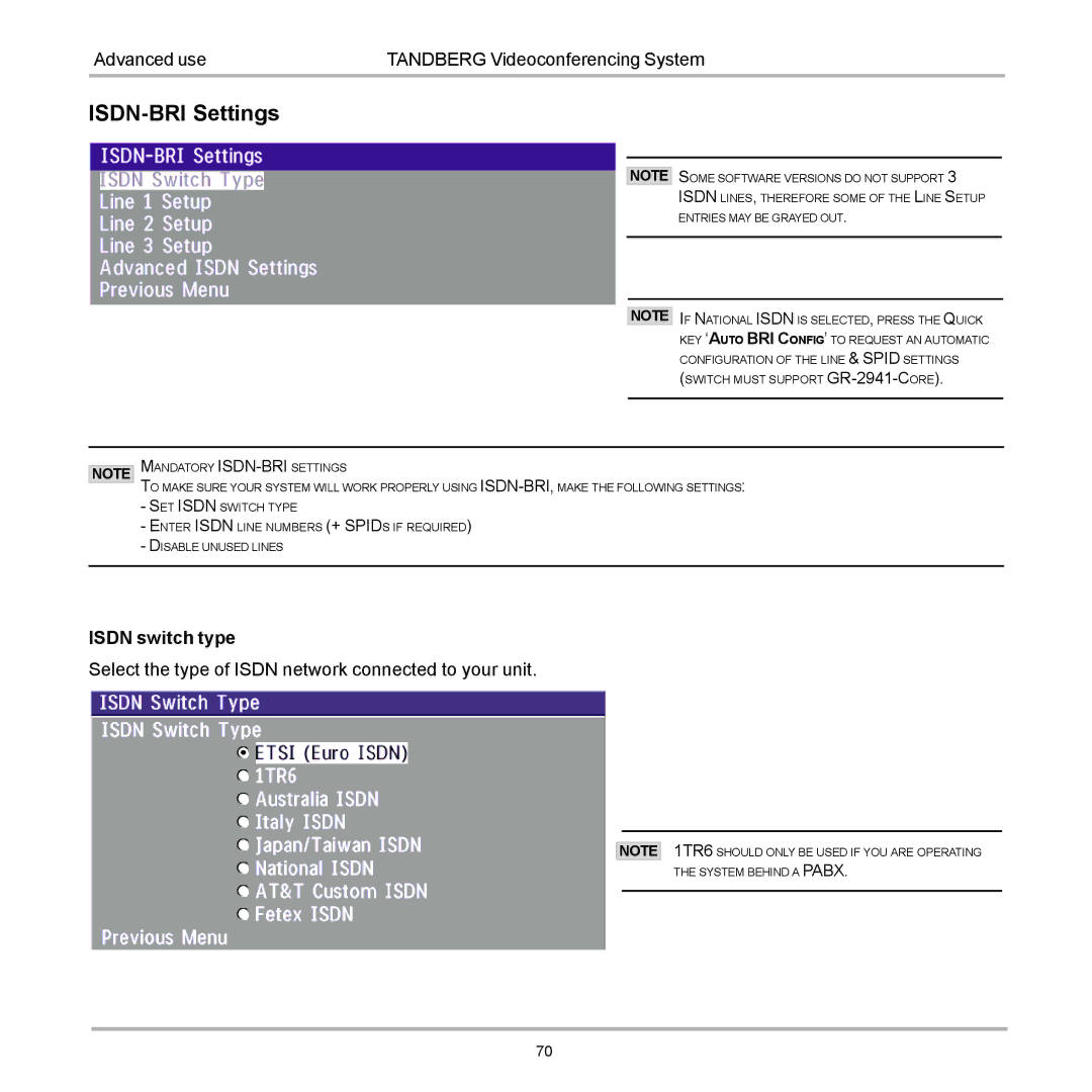 TANDBERG D12155-10 user manual ISDN-BRI Settings 