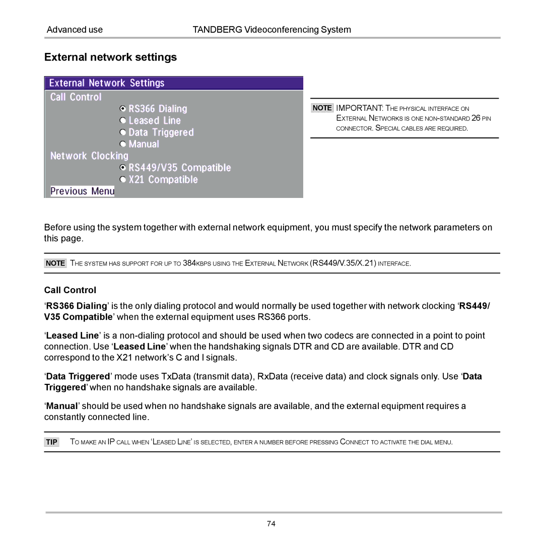 TANDBERG D12155-10 user manual External network settings 