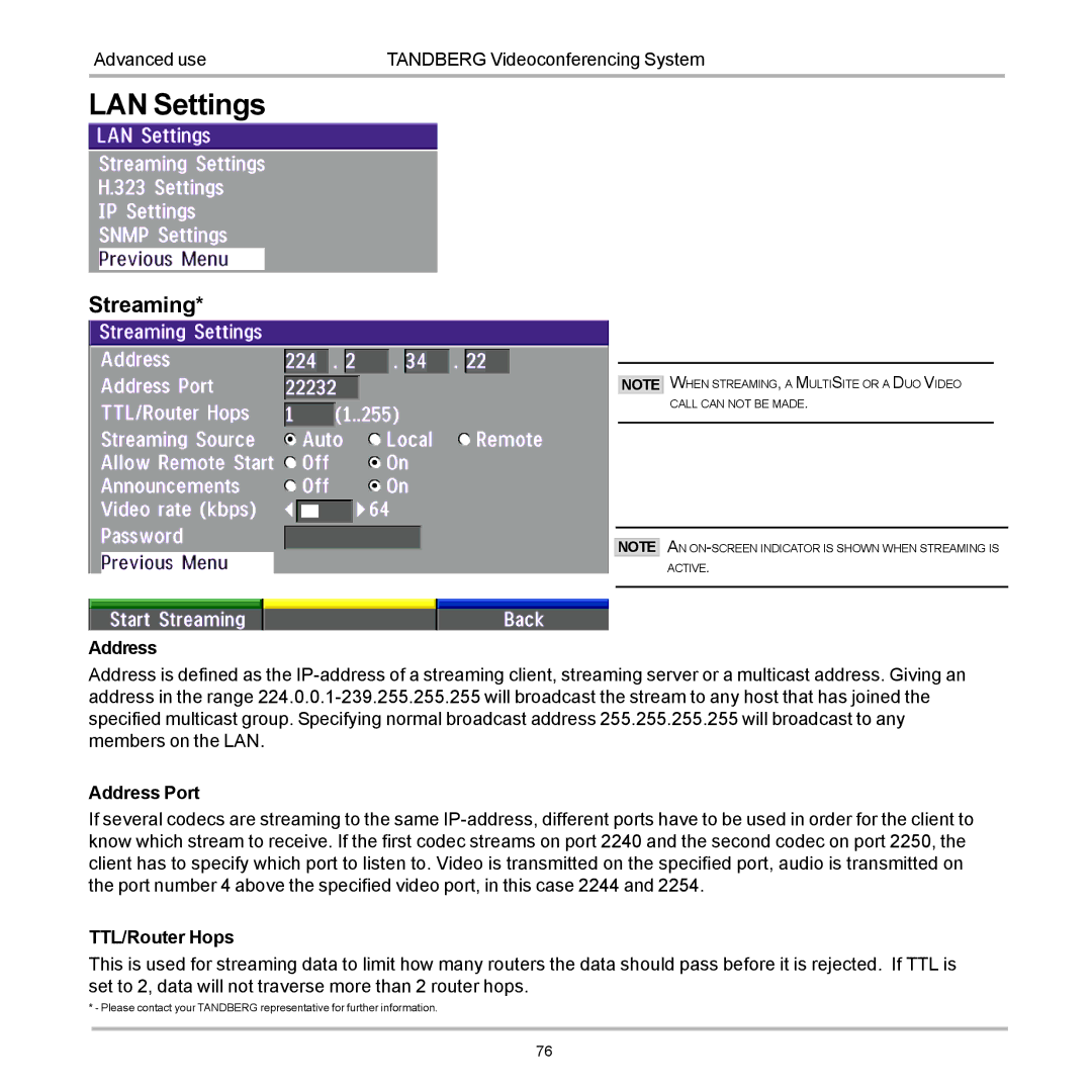 TANDBERG D12155-10 user manual LAN Settings, Streaming 